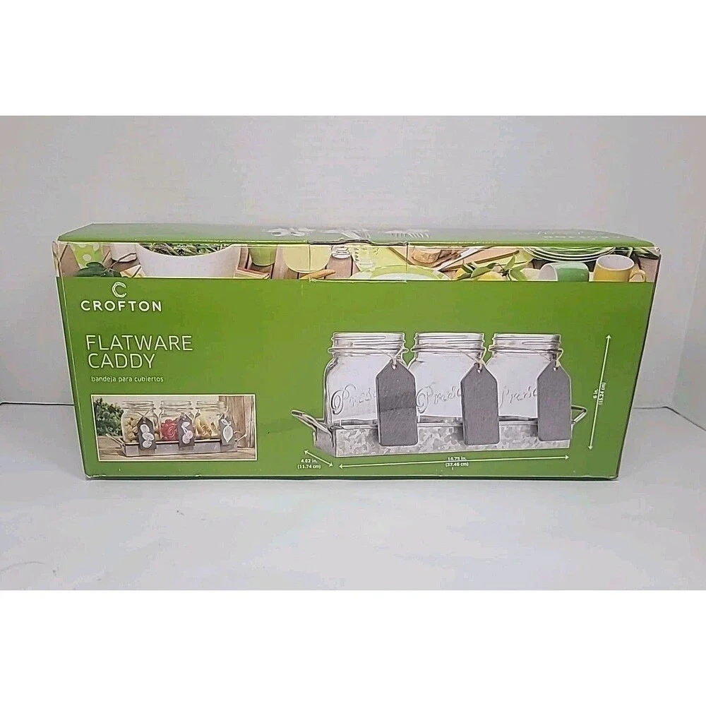Crofto Jar Caddy Set Dining Utensils Holder With Tin Caddy & 3 Glass Jars